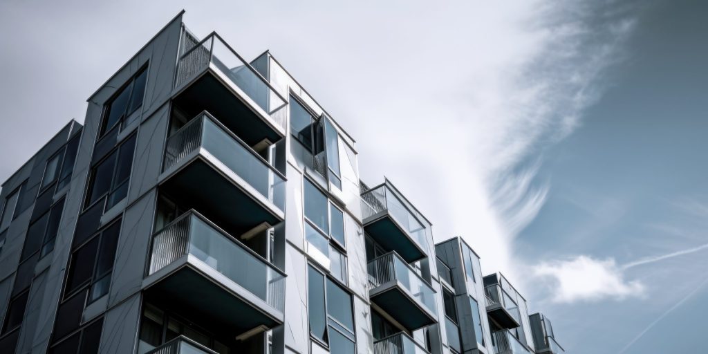 modern contemporary apartment building blue sky generative ai aig20 scaled 1024x512 - Solutions et transactions immobili&egrave;res